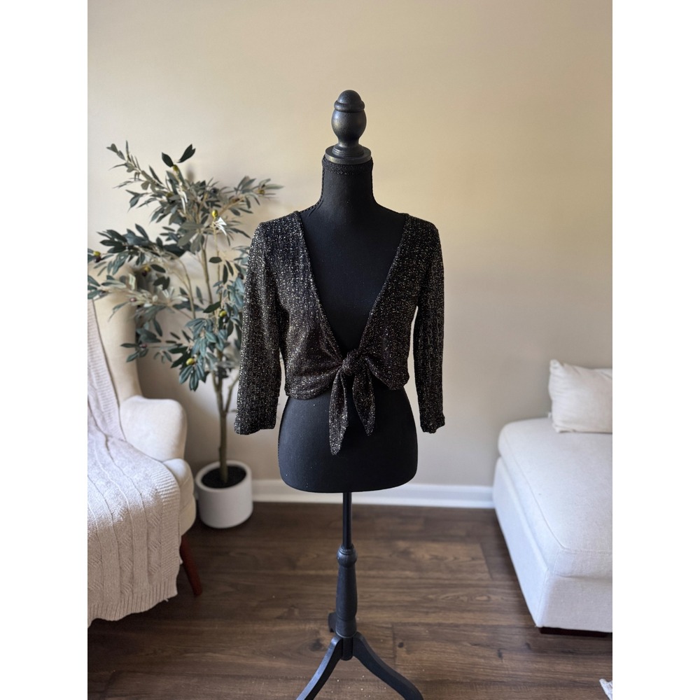 JKLA California Womens Black Gold Metallic Knit Front Tie Cropped Cardigan M